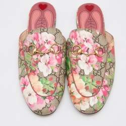 Pre Owned Gucci Brown/Beige GG Supreme Blooms Canvas Princetown Flat Mules Size 36