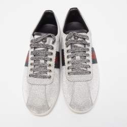Pre Owned Gucci Metallic Silver Glitter Web Detail Studded Low Top Sneakers Size 39