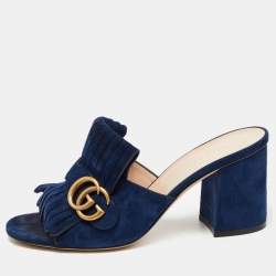 Gucci Navy Blue Suede Double G Ankle Strap Sandals Size 38.5