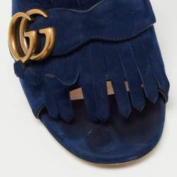 Gucci Navy Blue Suede Double G Ankle Strap Sandals Size 38.5