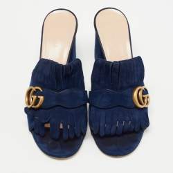 Gucci Navy Blue Suede Double G Ankle Strap Sandals Size 38.5