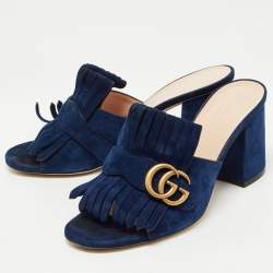 Gucci Navy Blue Suede Double G Ankle Strap Sandals Size 38.5