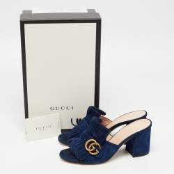 Gucci Navy Blue Suede Double G Ankle Strap Sandals Size 38.5