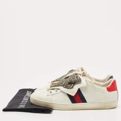 Gucci White Leather Ace Beaded Bow Lace Up Sneakers Size 38