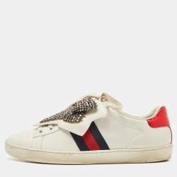 Gucci White Leather Ace Beaded Bow Lace Up Sneakers Size 38