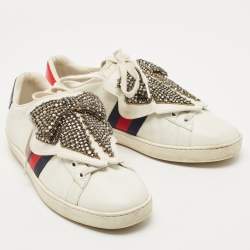 Gucci White Leather Ace Beaded Bow Lace Up Sneakers Size 38