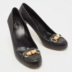 Pre Owned Gucci Black Leather Bamboo Horsebit Loafer Pumps Size 40