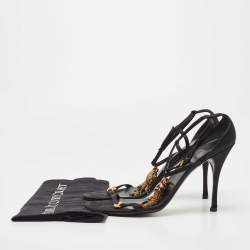 Pre Owned Gucci Black Satin And Leather Embellished Ankle Strap Sandals Size 40.5