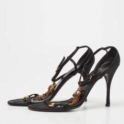 Pre Owned Gucci Black Satin And Leather Embellished Ankle Strap Sandals Size 40.5