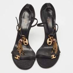 Pre Owned Gucci Black Satin And Leather Embellished Ankle Strap Sandals Size 40.5