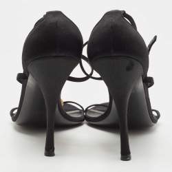 Pre Owned Gucci Black Satin And Leather Embellished Ankle Strap Sandals Size 40.5