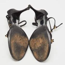 Pre Owned Gucci Black Satin And Leather Embellished Ankle Strap Sandals Size 40.5