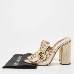 Gucci Gold Foil Leather Double G Fringe Details Slide Sandals Size 39