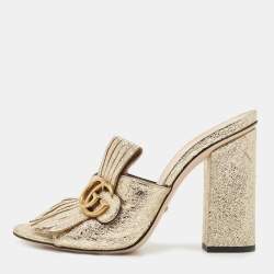 Gucci Gold Foil Leather Double G Fringe Details Slide Sandals Size 39