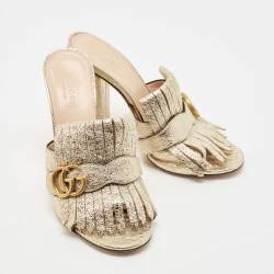 Gucci Gold Foil Leather Double G Fringe Details Slide Sandals Size 39