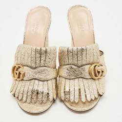 Gucci Gold Foil Leather Double G Fringe Details Slide Sandals Size 39