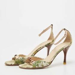 Gucci Green/Beige Printed Canvas Bamboo Horsebit Ankle Strap Sandals Size 37