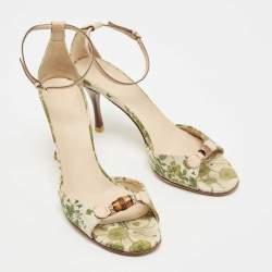 Gucci Green/Beige Printed Canvas Bamboo Horsebit Ankle Strap Sandals Size 37