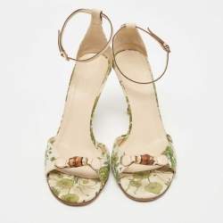 Gucci Green/Beige Printed Canvas Bamboo Horsebit Ankle Strap Sandals Size 37