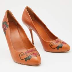 Pre Owned Gucci Tan Printed Leather Pumps Size 38