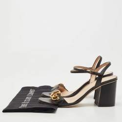 Gucci Black Leather GG Marmont Block Heel Ankle Strap Sandals Size 37