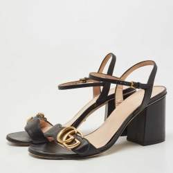 Gucci Black Leather GG Marmont Block Heel Ankle Strap Sandals Size 37