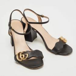 Gucci Black Leather GG Marmont Block Heel Ankle Strap Sandals Size 37