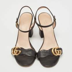 Gucci Black Leather GG Marmont Block Heel Ankle Strap Sandals Size 37