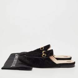 Pre Owned Gucci Black GG Velvet Princetown Horsebit Flat Mules Size 40.5