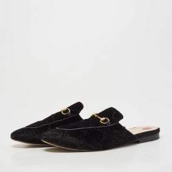Pre Owned Gucci Black GG Velvet Princetown Horsebit Flat Mules Size 40.5