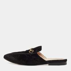 Pre Owned Gucci Black GG Velvet Princetown Horsebit Flat Mules Size 40.5