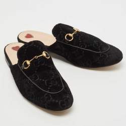 Pre Owned Gucci Black GG Velvet Princetown Horsebit Flat Mules Size 40.5