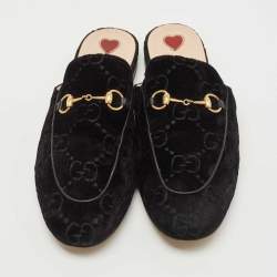 Pre Owned Gucci Black GG Velvet Princetown Horsebit Flat Mules Size 40.5