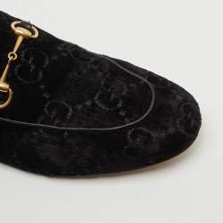 Pre Owned Gucci Black GG Velvet Princetown Horsebit Flat Mules Size 40.5