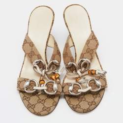 Pre Owned Gucci Brown Canvas Guccissima Bamboo Horsebit Sandals Size 39