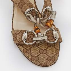 Pre Owned Gucci Brown Canvas Guccissima Bamboo Horsebit Sandals Size 39