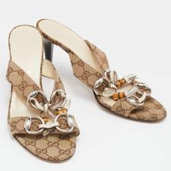 Pre Owned Gucci Brown Canvas Guccissima Bamboo Horsebit Sandals Size 39