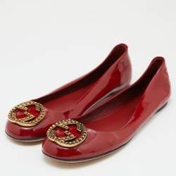 Pre Owned Gucci Red Patent Leather GG  Ballet Flats  Size 37