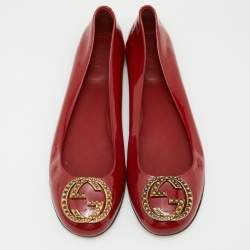 Pre Owned Gucci Red Patent Leather GG  Ballet Flats  Size 37