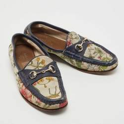 Gucci Navy Blue/White Leather and Floral Print Canvas 1953 Horsebit Loafers Size 36