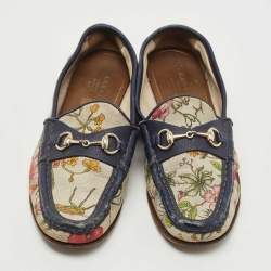 Gucci Navy Blue/White Leather and Floral Print Canvas 1953 Horsebit Loafers Size 36