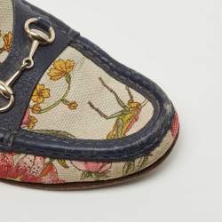 Gucci Navy Blue/White Leather and Floral Print Canvas 1953 Horsebit Loafers Size 36