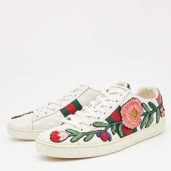 مملوكة مسبقًا Gucci White Leather Floral Ace Sneakers Size 39