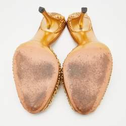 Gucci Metallic Gold Studded Leather Peep Toe Slide Mules Size 35