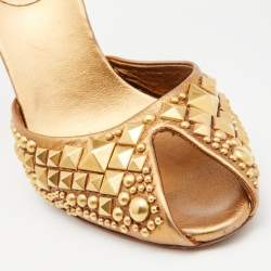 Gucci Metallic Gold Studded Leather Peep Toe Slide Mules Size 35