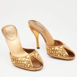 Gucci Metallic Gold Studded Leather Peep Toe Slide Mules Size 35