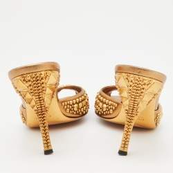 Gucci Metallic Gold Studded Leather Peep Toe Slide Mules Size 35