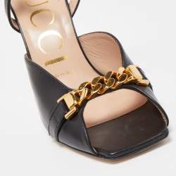 Pre Owned Gucci Black Leather Sylvie Chain Ankle Strap Sandals Size 36