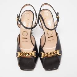 Pre Owned Gucci Black Leather Sylvie Chain Ankle Strap Sandals Size 36