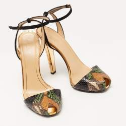 Pre Owned Gucci Multicolor Python and Suede Ankle Strap Peep Toe Sandals Size 39.5